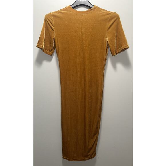 Shein Women’s Large Gold Velvet Bodycon Midi Dress Short Sleeve Stretch Back Zip - Picture 8 of 8